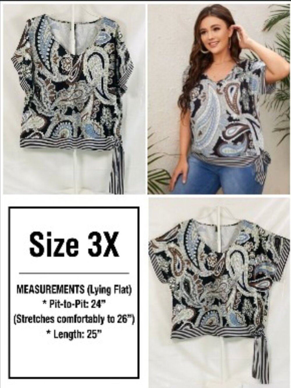 Size 3X Shein Curve Clasi Floral Paisley Tie Waist Short Sleeve Top Plus 20 22